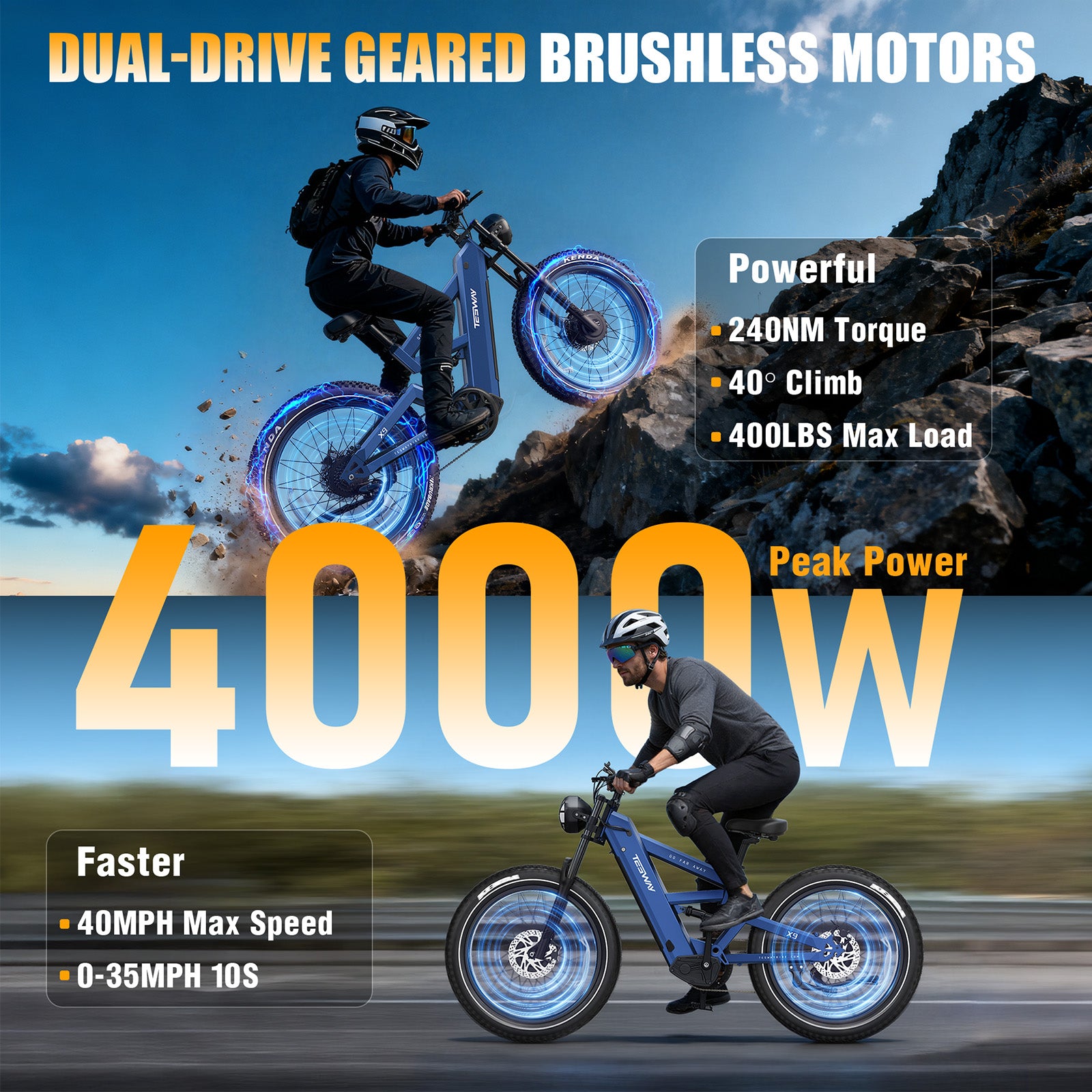 TESWAY X9 AWD with Rear Rack - 4000W Dual Motors Electric Mountain Bike